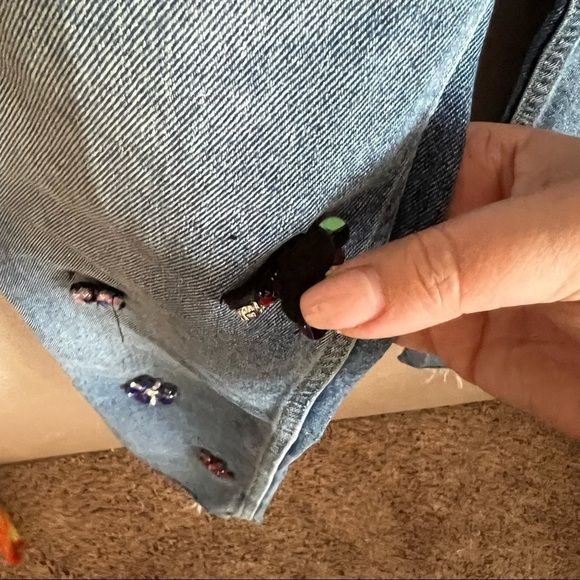 Zara High Rise Button Fly Straight Distressed Gem Bedazzled Raw Hem Denim Jeans - Picture 13 of 14